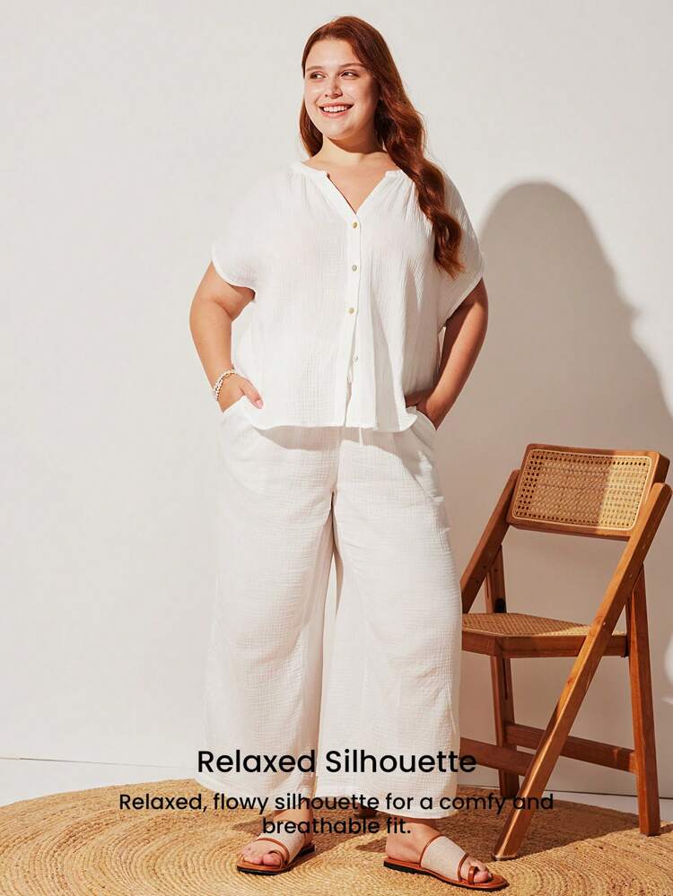 Plus Soft Breathable Cotton Short-Sleeve Button-Up Top & Pants Pajama Set