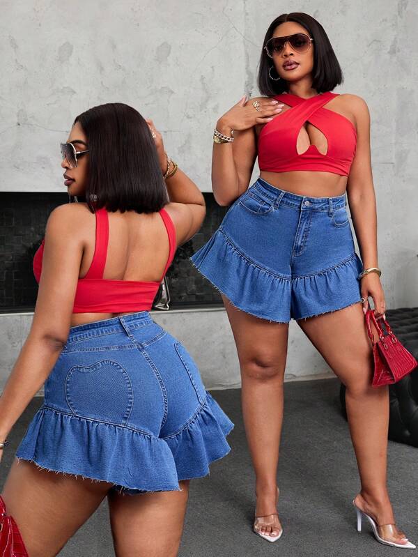 SHEIN SXY Plus Size Women Ruffled Hem Personalized Fashion Sexy Denim Shorts, Summer Outfits Summer Outfits For Women Festival Outfits Vacation Outfits Ruffle Shorts