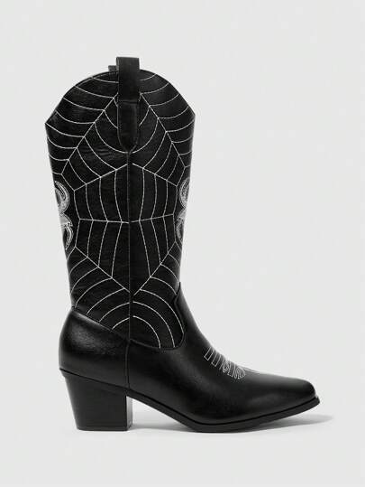 Women's Spider Embroidered Pointed Toe Chunky Heel PU Leather Mid-Calf Boots, Dark Gothic Punk Style For Daily, College