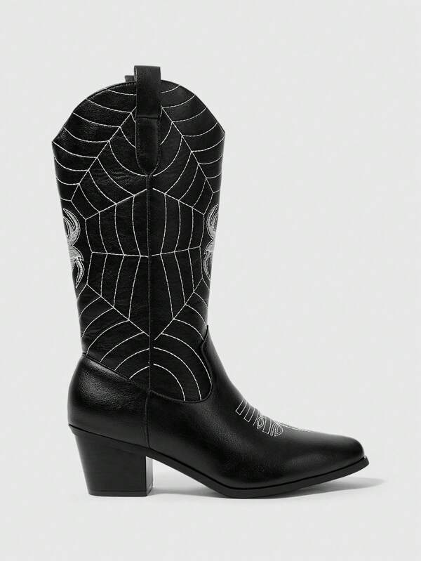 ROMWE Goth Women's Spider Embroidered Pointed Toe Chunky Heel PU Leather Mid-Calf Boots, Dark Gothic Punk Style For Daily, College
