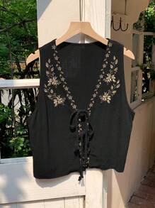 Comfortcana Áo cánh nữ không tay màu đen thêu hoa phong cách Bohemian buộc phía trước, mùa hè - màu đen - Xem 7