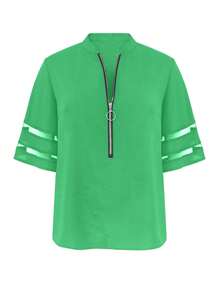 INAWLY Blusa holgada de mujer de talla grande con cierre y malla de contraste de moda casual