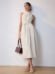Uhlyne New Summer Commuter Dress, Round Neck Sleeveless Linen Dress With Belt, Tie Waist Loose Plain Elegant Women Midi Dress - Apricot - View 10