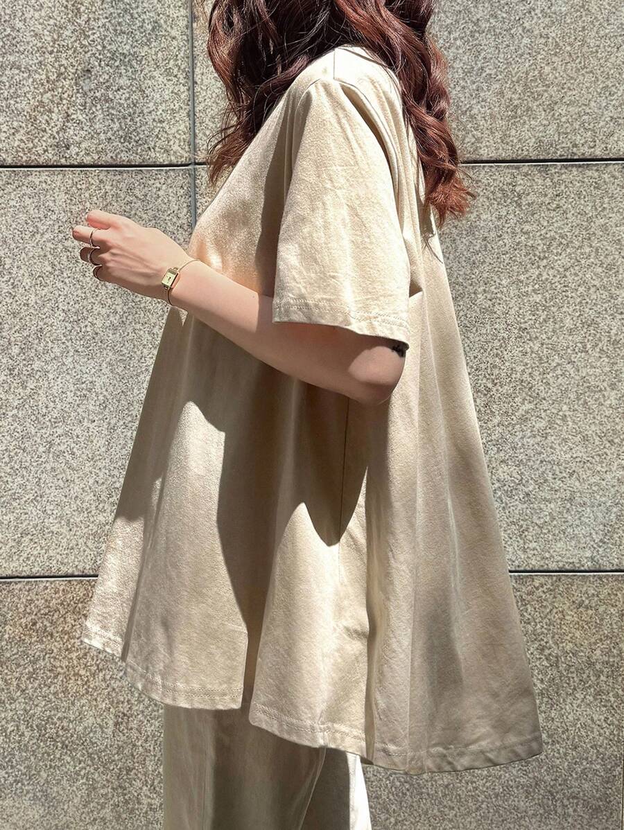 FRIFUL 女士卡其色宽松A字圆领短袖T恤,夏季服装超大T恤 - 米色 - 查看 1