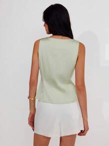 Roylia Women's Summer Viscose Satin Square Neck Button-Up Sleeveless Shirt Blouse - Green - View 2