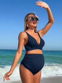 SHEIN Pregnant Women 2-Piece Swimsuit Set, Solid Color Strap Style, Fashionable For Summer - Navy Blue - View 5