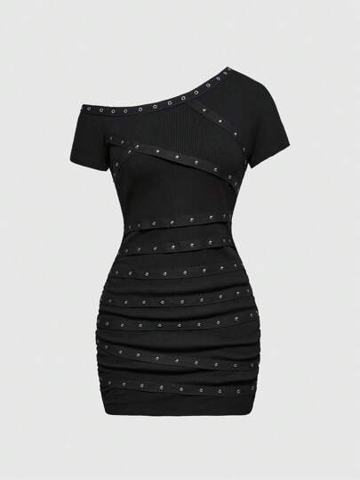 Y2K Punk Sexy Rivet Decor Asymmetric Neck Bodycon Mini Dress