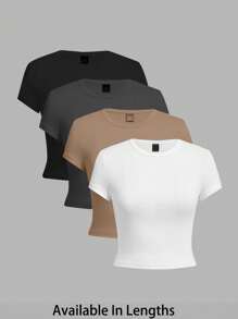 SHEIN Tall CURVE Bộ 4 món áo thun trơn cổ tròn tay ngắn màu trơn cỡ lớn dành cho nữ, phù hợp cho mùa hè - Nhiều màu - Xem 8