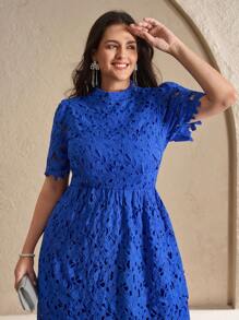 Chikora 大码女式夏装，优雅工作服连衣裙，蕾丝中长连衣裙，海军蓝短袖连衣裙夏季服装