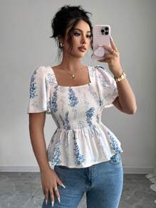 Elenzga Blusa ajustada con estampado floral elegante y volantes en el bajo, estilo casual de oficina/vacaciones romántico para el Día de la Independencia, la graduación y el regreso a la escuela