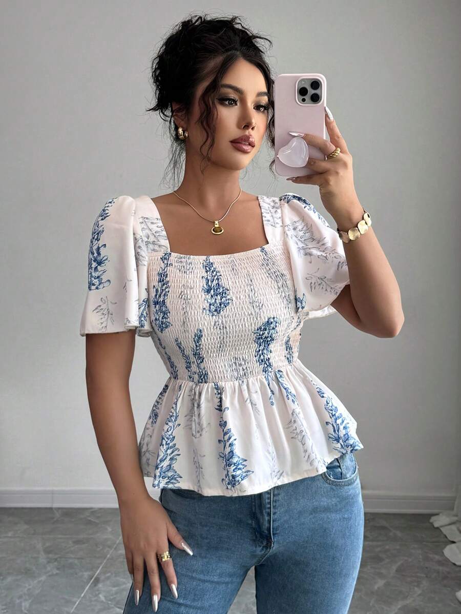 Elenzga Blusa ajustada con estampado floral elegante y volantes en el bajo, estilo casual de oficina/vacaciones romántico para el Día de la Independencia, la graduación y el regreso a la escuela