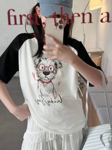 DAZY Tween Girls' Casual Colorblock Cartoon Dog Print T-Shirt With Raglan Sleeves, Summer,Back To School Clothes