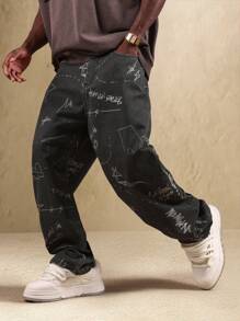 SUMWON 涂鸦印花宽松牛仔裤涂鸦艺术图案长裤都市街头宽松牛仔裤 - 黑色 - 查看 5