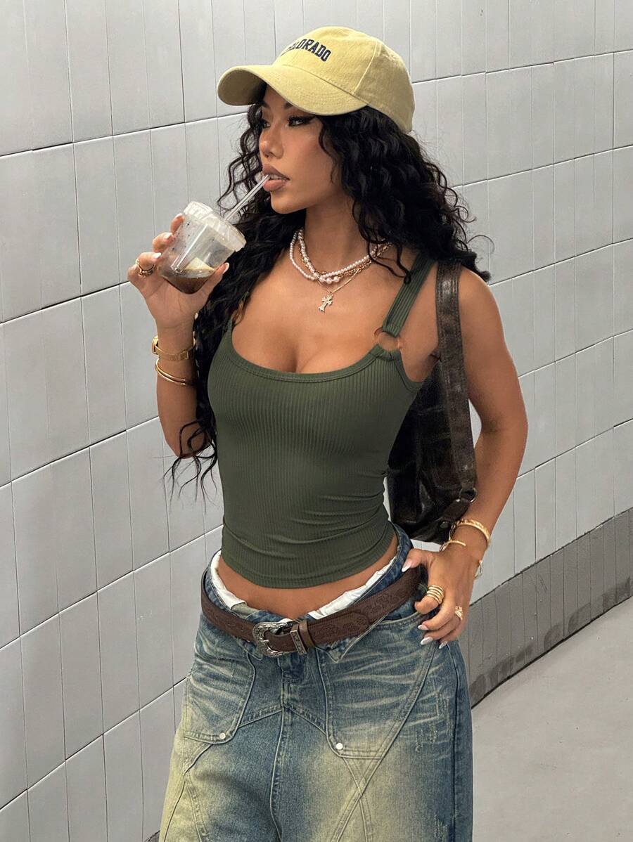 StreetHx Áo ba lỗ hở gân thời trang Y2K mùa xuân/hè cho nữ đi nghỉ ở bãi biển, màu xanh ô liu - xanh quân đội - Xem 1
