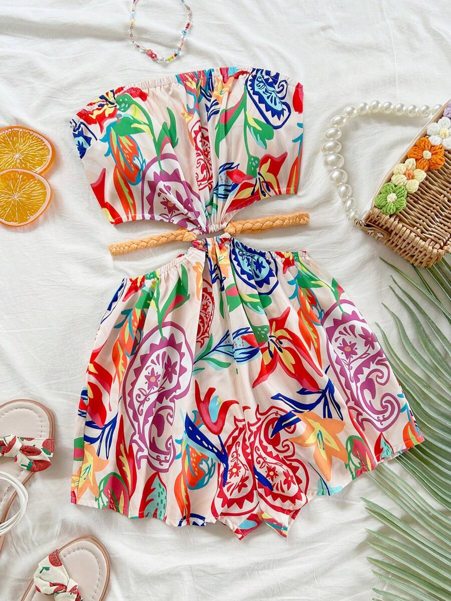 Soleia 女士节日棕色柳条叶纹理抹胸镂空腰系带连体裤，适合海滩、音乐节、嬉皮士、派对、约会和下午茶 - 彩色 - 查看 1