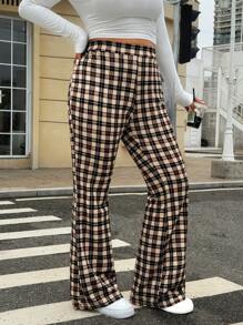 SHEIN EZwear 大碼格紋印花喇叭褲