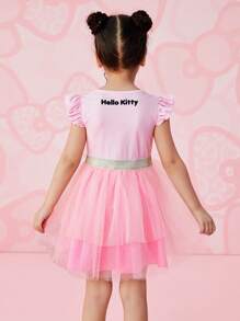 HELLO KITTY AND FRIENDS | SHEIN Young Girl Cartoon & Heart Pattern Pink Mesh Short Sleeve Cute Summer Holiday Princess Dress
