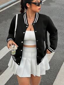 SHEIN EZwear 大碼條紋飾邊落肩袖飛行員夾克 - 黑色 - 查看 4