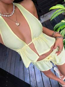 Sunnyshic 2 pezzi Set di canotta corta con schiena scoperta, scollo a V in lino giallo, e pantaloncini arricciati in vita, set elegante sexy casual da spiaggia, festa ed estate per donna