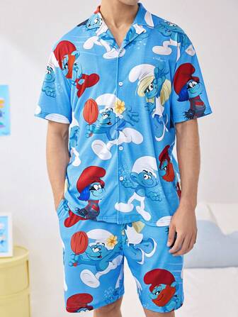 The Smurfs X SHEIN 男士夏季可爱卡通印花翻领短袖衬衫和短裤家居服套装