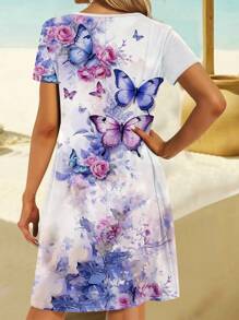 SHEIN Plus Size Elegant Fantasy Colorful Butterfly Print Casual V-Neck Short Sleeve Dress For Women - Multicolor - View 2
