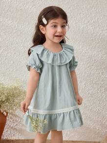 Blossori Baby Girls' Collegiate Blue Ruffle Collar Puff Sleeve Dress - Blue and White - View 5