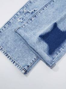 SHEIN Explorewe Teen Girls' Y2K Streetwear Chic Washed Light Blue Embroidered Star Relaxed Waist Flare Jeans, Star Print Jeans,Tops - Light Wash - View 5