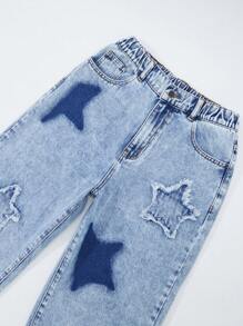 SHEIN Explorewe Teen Girls' Y2K Streetwear Chic Washed Light Blue Embroidered Star Relaxed Waist Flare Jeans, Star Print Jeans,Tops - Light Wash - View 6