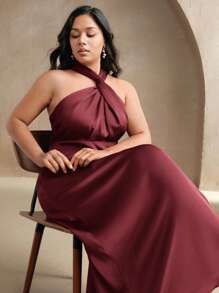 Anewsta 加大码优雅裹身式绿色褶皱腰连衣裙，搭配飘逸裙摆，高端修身休闲/度假/婚礼宾客连衣裙 - 中紫紅色 - 查看 4