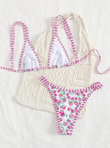 Swim Mod 2 件夏季假期性感时尚全身水果印花撞色比基尼套装，上衣配坦基尼肩带和下装