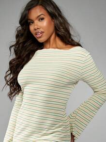 MISSGUIDED Đầm mini cổ thuyền tay chuông họa tiết sọc phong cách retro mùa xuân hè mùa hè ngày lễ Giáng sinh - màu xanh lá - Xem 5