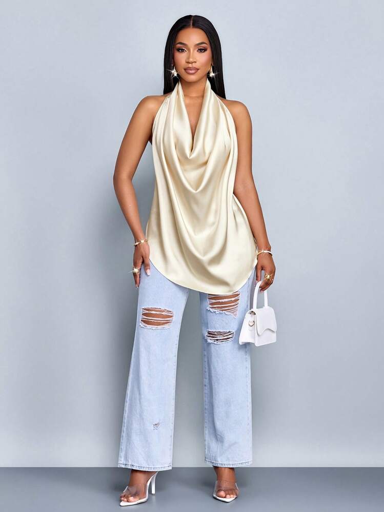 SOLERSUN Spring And Summer Women's Wear Leisure Vacation Apricot Glossy Fabric Deep V Neck Halter Straps Swing Neck Curved Hem Backless Straps Woven Fabric Vest - Apricot - View 5