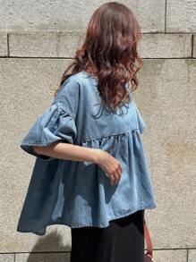 FRIFUL 女式牛仔衬衫，圆领泡泡袖，不对称下摆设计，宽松版型，百搭休闲、度假 - 中等水洗藍 - 查看 6