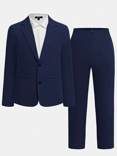 SHEIN Teen Boys' Simple Gentleman Suit Jacket And Pants Set, Solid Color Casual School/Daily Wear/Outing/Sports/Valentine's Day/Party, Comfortable Soft Fashionable Versatile Suits For Teen Boy,In Fall/Winter
