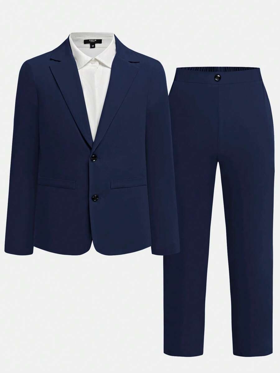 SHEIN 青少年男孩简约绅士西装外套和裤子套装，纯色休闲学校/日常穿着/郊游/运动/情人节/派对，舒适柔软时尚百搭 - 藏蓝色 - 查看 1