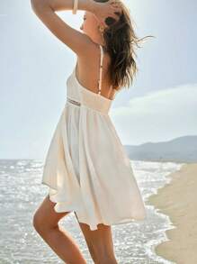 Maija 女士纯色细肩带迷你连衣裙，度假海滩 - 杏色 - 查看 4