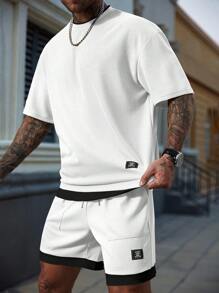 Manfinity CasualCool 休闲男士字母图案圆领短袖T恤和抽绳腰短裤套装 - 白色 - 查看 3