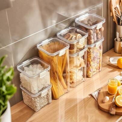 1 件塑料食品储存容器 - 适用于厨房、零食和坚果的密封食品储藏室整理器，带盖防漏可堆叠厨房罐，可用于洗碗机和干粮储存容器，适用于家庭、办公室和露营必需品