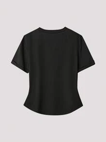 Flirla Women Plus Size Casual 2 Pieces Outfit, Black Short Sleeve T-Shirt With Ribbed Cuffs And Khaki Wide Leg Elastic Waist Pants, Colorblock, Spring/Summer