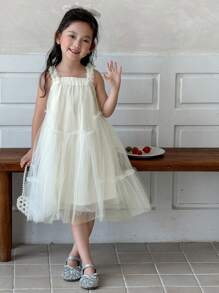 DAZY Girls Holiday Style Mesh Patchwork Spaghetti Strap Puff Dress,Girls Summer Outfits