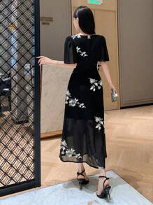 DAZY 女士中长款休闲连衣裙，适合夏季舞会穿着，优雅女士连衣裙，碎花连衣裙 - 黑色 - 查看 4