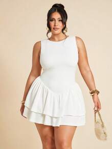 SHEIN BAE Plus Size Women's Spring And Summer Base Solid White Sleeveless Tight Pleated Slim Elegant Mini Double Layer Ruffle Women's Jumpsuit Women's Dress, Valentine's Day Jumpsuit, Daily Jumpsuit, Elegant Jumpsuit, White Jumpsuit,Y2k,4th Of July Outfits,Club Outfits Women Sexy,Country Concert Outfit,Fourth Of July,Concert Outfit Women,Rave Outfits Festival,Western Clothes For Women,Graduation ,Vacation Outfits Woman,White Graduation Dress,White Dress Plus Size,White Dresses Classy Elegant,White Skirt,Birthday Dresses For Women,Sundress,Flowy Dress - White - View 2