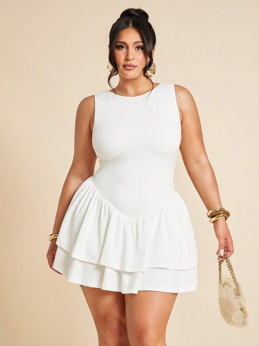 SHEIN BAE Plus Size Women's Spring And Summer Base Solid White Sleeveless Tight Pleated Slim Elegant Mini Double Layer Ruffle Women's Jumpsuit Women's Dress, Valentine's Day Jumpsuit, Daily Jumpsuit, Elegant Jumpsuit, White Jumpsuit,Y2k,4th Of July Outfits,Club Outfits Women Sexy,Country Concert Outfit,Fourth Of July,Concert Outfit Women,Rave Outfits Festival,Western Clothes For Women,Graduation ,Vacation Outfits Woman,White Graduation Dress,White Dress Plus Size,White Dresses Classy Elegant,White Skirt,Birthday Dresses For Women,Sundress,Flowy Dress
