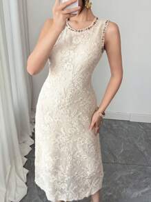 DAZY Ladies Lace Crew Neck Sleeveless Mid-Calf Dress,Formal Women Dresses Maxi Dress - Beige - View 4