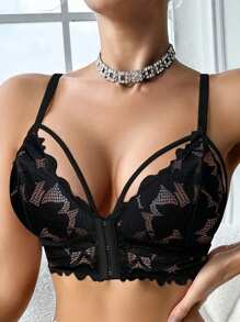 Seduluxe 1pc Women Lace Front Closure Wireless Bra - Black - View 3