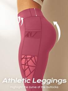 Easithlete 加大码不对称功能紧身裤，修身，高腰，有口袋，带网眼和植绒细节，女士瑜伽裤