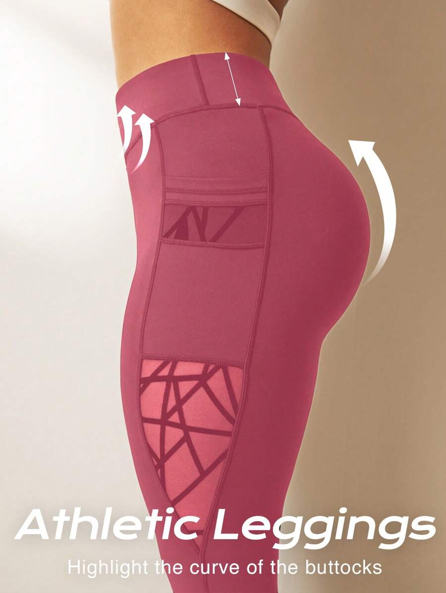 Easithlete 加大码不对称功能紧身裤，修身，高腰，有口袋，带网眼和植绒细节，女士瑜伽裤