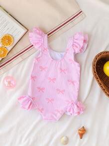 SHEIN Baby Girl Cute Bow Pattern Printed Double Layer Ruffle One-Piece Swimsuit, Pink Striped,Perfect For Summer Beach Vacations