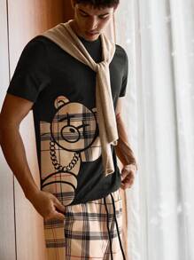 SWAVVY Hombres Camiseta con estampado de oso & Pantalones de cuadros de cintura con cordón