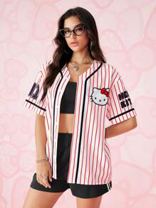HELLO KITTY AND FRIENDS | SHEIN 1件条纹卡通图案短袖衬衫，夏季 - 紅白色 - 查看 2